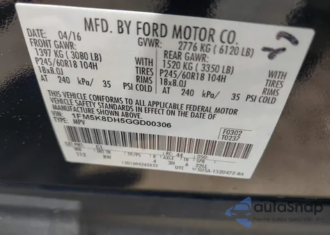 2016 Ford Explorer Xlt из США, поврежденный, VIN 1FM5K8DH5GGD00306